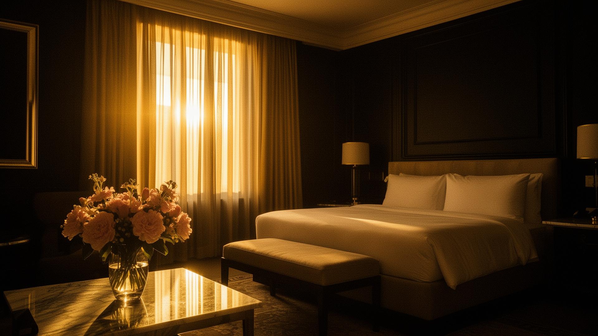 A quiet hotel suite at golden hour, the unseen space where artists become