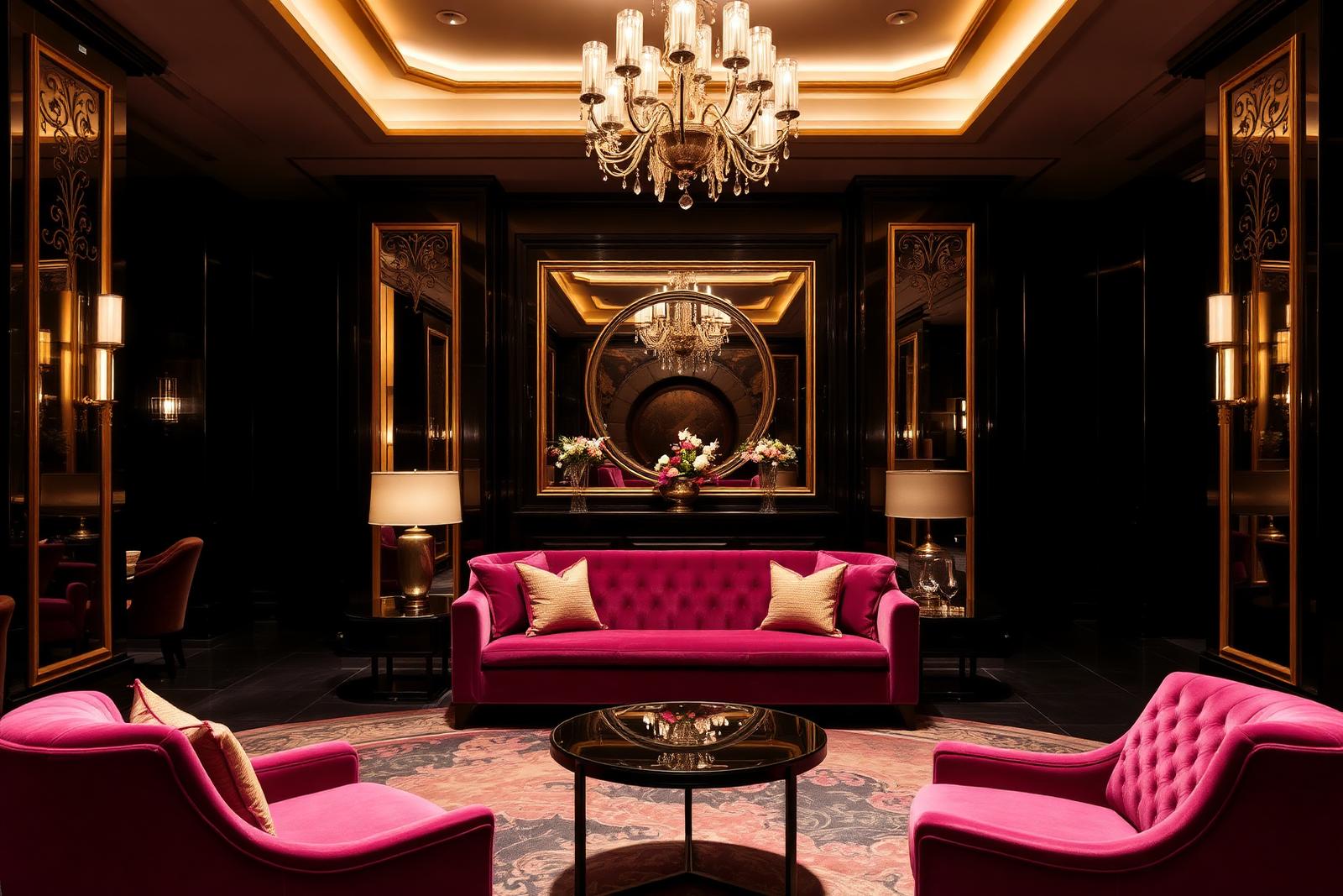 A dark hotel lounge with gold and pink details